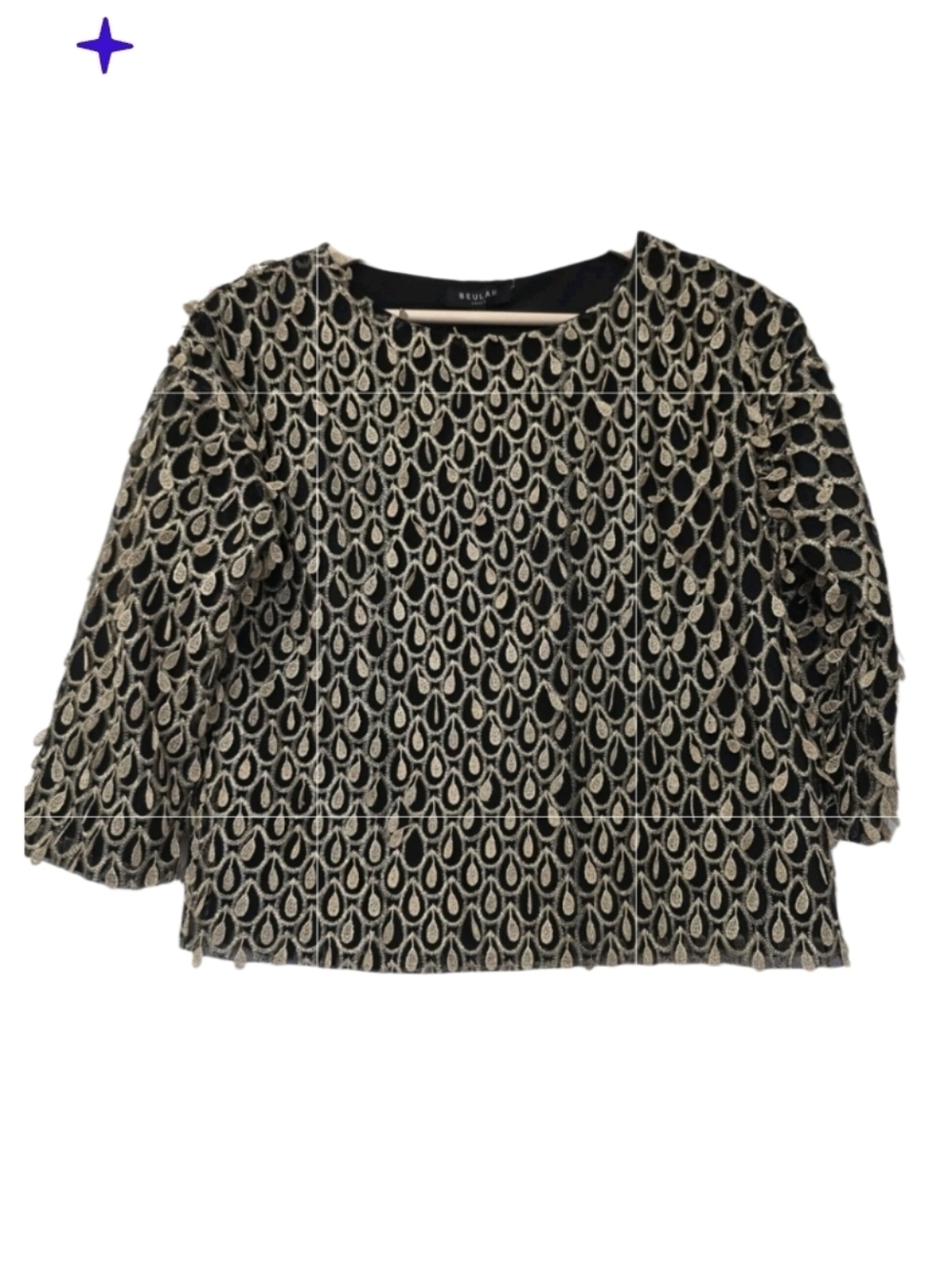 Beulah Womens Blouse Black Gold Teardrop Embellished Top Evening Small NWT Party